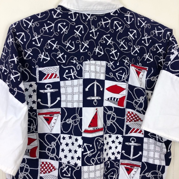 Vintage Nautical Print Button Down Crop Top Sz L - Picture 9 of 9